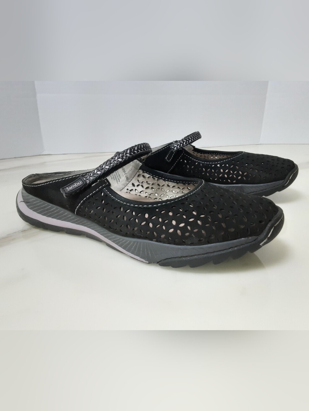 JAMBU Bailey Mary Janes Black Perforated Memory Foam Mules Sz 9